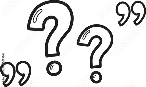 Hand drawn question marks and quotation marks isolated on white background
