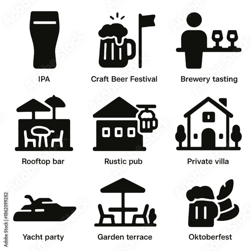Beer and leisure icons: pubs, oktoberfest, and terrace activities