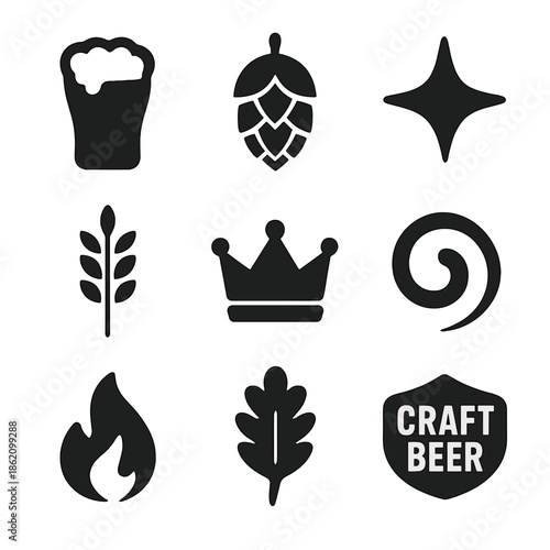 Craft beer icons collection: hops, crown, and more in black silhouette style