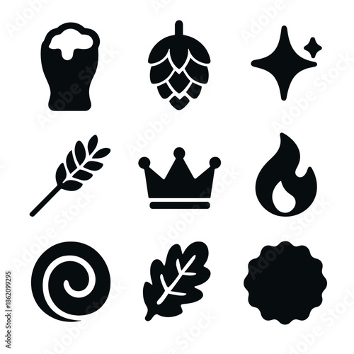 Craft beer icons collection: hops, wheat, beer mug, and crown