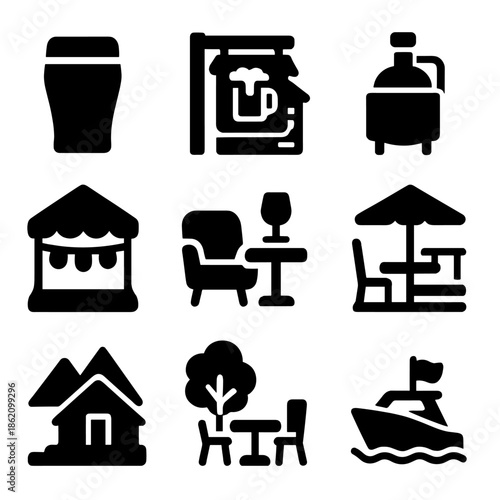 Beer, brewery, cafe and outdoor icons set on dark background
