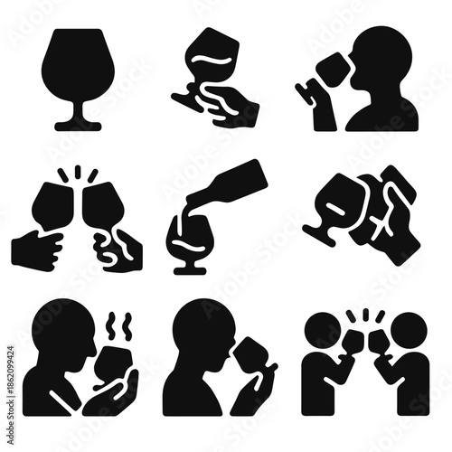 Wine tasting icons: glasses, pouring, clinking, drinking, silhouettes on gray background
