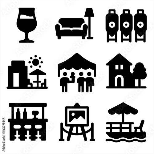 Minimalist black icons depicting wine, furniture, and outdoor events