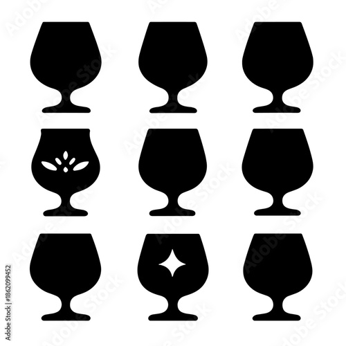 Silhouette of nine stylish glasses with floral and star patterns