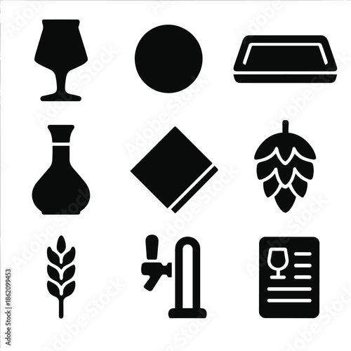 Craft beer icons: pint, hop, glass, tap, and more in modern silhouette style