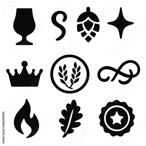 Craft beer icons collection featuring hop, crown, flame, and infinity symbols
