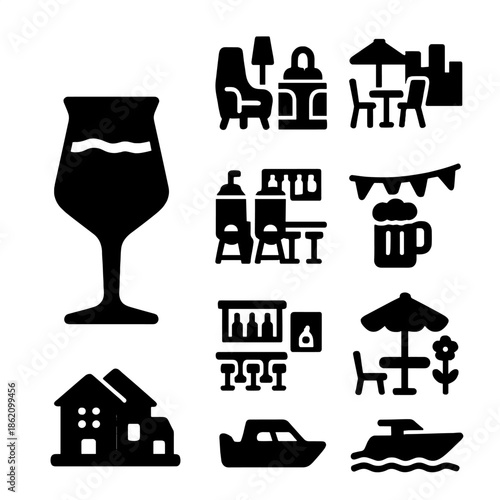 Restaurant and leisure icons: wine, dining, and travel silhouettes