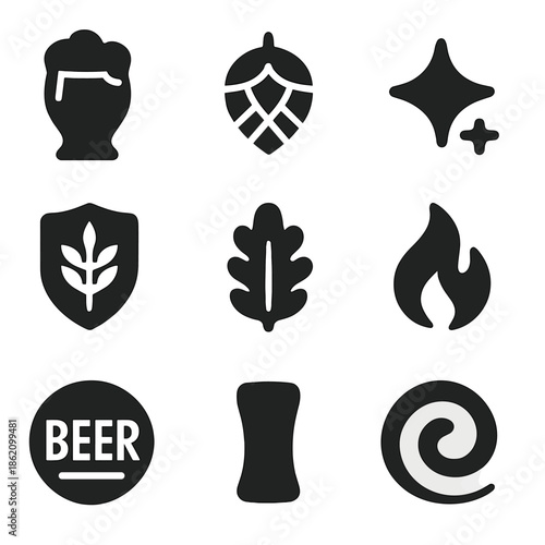 Craft beer icon set: hops, grain, and brewing elements in modern style