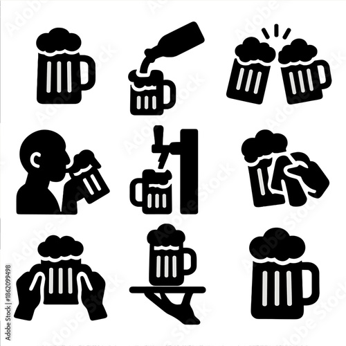 Beer icons set: drinking, cheers, pouring, and serving collection