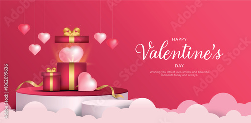 Realistic pink 3D cylindrical podium with open gift box and hearts for valentine's day banner. Valentine's day minimal scene, Promotional display. Vector illustration design.