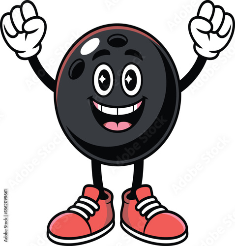 Cheerful bowling ball character celebrating with fists up
