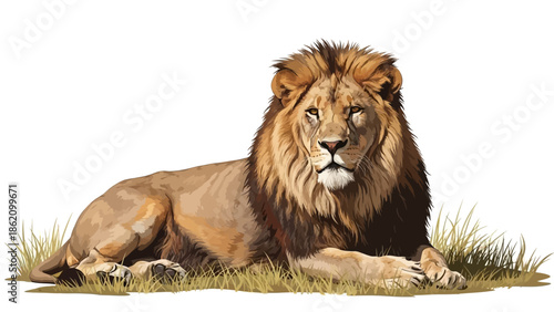 Majestic Lion Resting: A regal lion, showcasing its impressive mane, lounges in a tranquil setting, embodying strength and serenity.