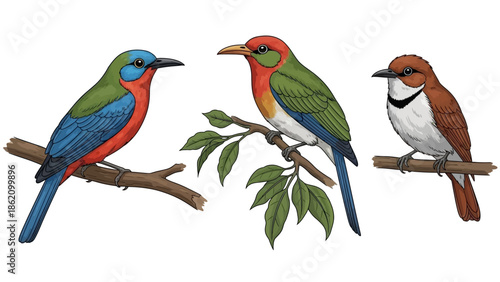 Colorful Avian Trio: Captivating illustrations showcasing vibrant birds perched elegantly on slender branches, their plumage displaying an array of dazzling colors.