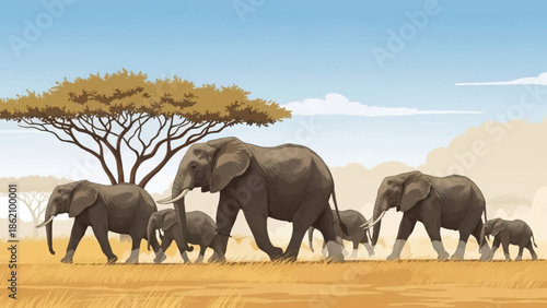 Elephant Family Caravan in Savannah: A majestic procession of African elephants traverses the golden savanna under a bright, cloud-streaked sky, exemplifying family bonds and the beauty of the wild.