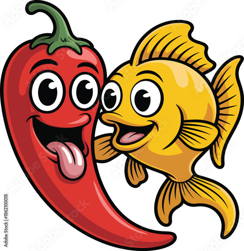 Smiling cartoon chili pepper and fish friends