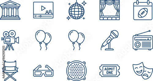Entertainment and Media Icon Set Featuring Disco Ball Theater Stage Movie Camera Balloons Microphone Radio Ticket Admit One And Drama Masks