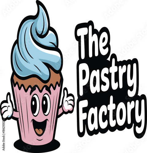 Colorful cartoon cupcake with blue frosting and happy face