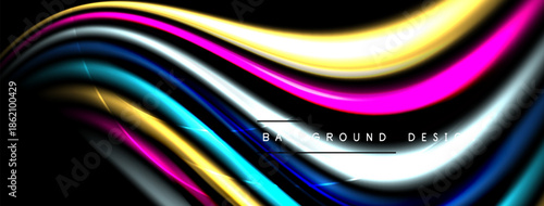 Abstract colorful waves flow across black background. Bright lines create dynamic, modern visual effect. Smooth curves suggest movement, energy.