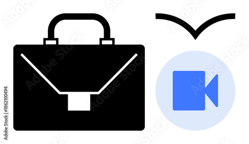 Professional services, remote work, digital communication, business tools, online conferencing, virtual connectivity. Black briefcase with a video icon and bird design. Professional services