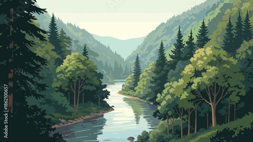 Serene Valley: Capturing the calm and gentle flow of a river winding through a lush, tree-covered valley, inviting viewers to immerse themselves in nature's beauty and tranquility.