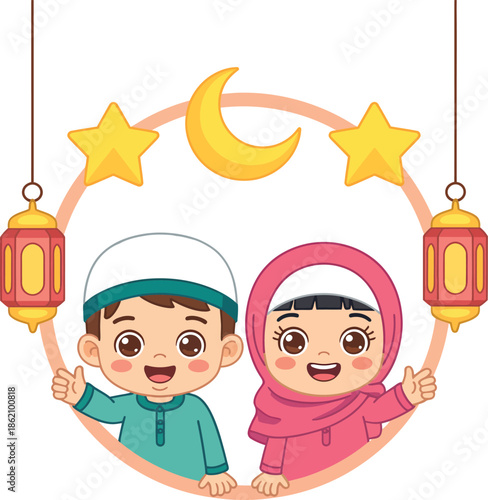 Happy Muslim boy and girl celebrating Ramadan in festive atmosphere