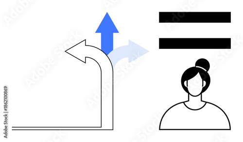 Arrows illustrating diverging pathways, upward progression, female figure next to equality sign. Ideal for career growth, inclusivity, choices, equality, leadership, empowerment decision-making