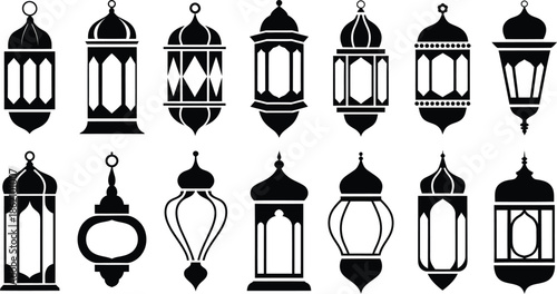 A collection of traditional lanterns in black and white for decorative purposes