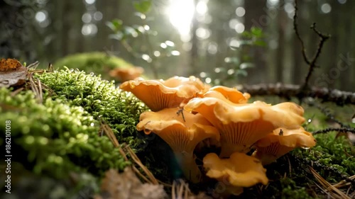 Low angle view of vibrant orange chanterelle mushrooms growing in a lush forest with bright sunlight filtering through the trees