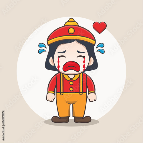 Sad Crying Child Character in Traditional Outfit with Heart Symbol.