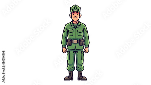 Illustration of a soldier standing at attention in a green uniform and cap