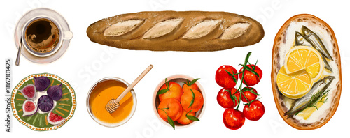 An Italian café-style breakfast set with dessert includes bread, appetizers, honey, pickled olives, fruit, oranges, and tomatoes. Hand-drawn on a transparent background.