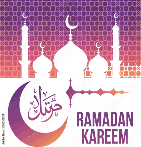 A colorful illustration of a mosque with a crescent moon and stars for Ramadan Kareem