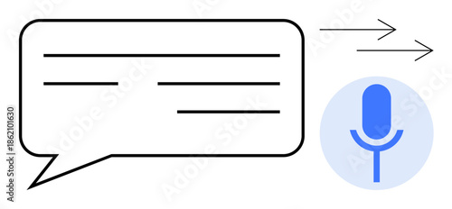 Voice recognition, digital communication, transcription, AI, language translation, speech processing. Speech bubble with text lines and microphone icon. Voice recognition and speech processing