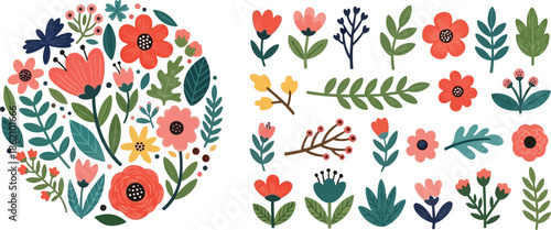 Colorful Floral Illustrations and Botanical Elements Set