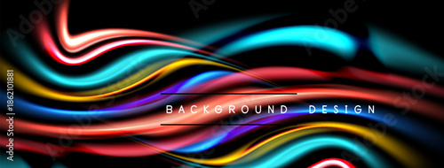 Abstract colorful waves flow across black background. Bright lines create dynamic, modern visual effect. Design features vibrant hues, smooth curves.