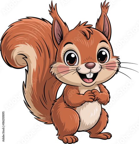 A cartoon squirrel with a big smile and fluffy tail standing on its hind legs