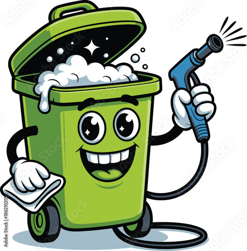 A cartoon trash can character is cleaning itself with a pressure washer and sponge.