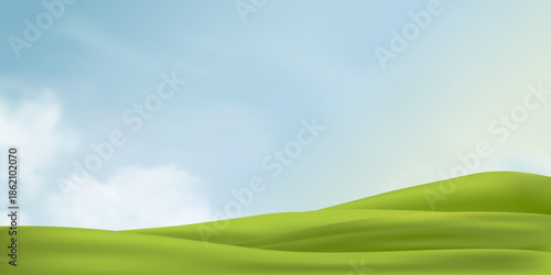 Minimal green hill landscape,clear blue sky and soft clouds.3d Rural background for eco themes,nature concepts for Spring,Summer website banners,Easter environmental design