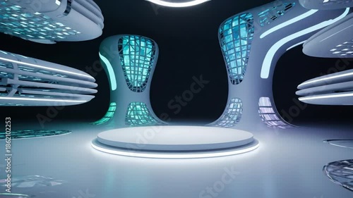 Futuristic interior design with illuminated platform