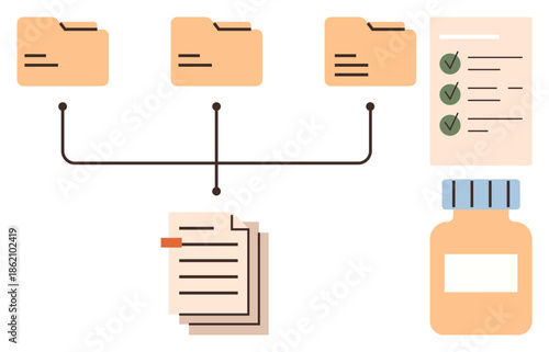 Folder structure connected by lines, stacked documents, checklist with checkmarks, and jar for data storage. Ideal for efficiency, organization, data handling, planning, workflow archiving simple