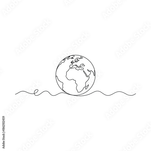 Simple line drawing depicting earth with continents and wavy lines below
