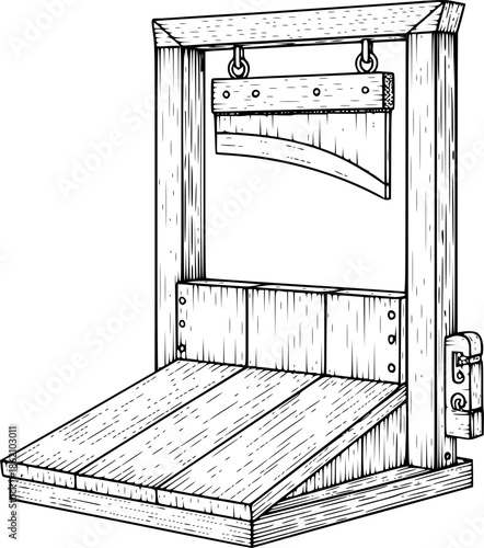 Vintage Guillotine Execution Device Black and White Outline Line Art Drawing Hand Drawn Etching
