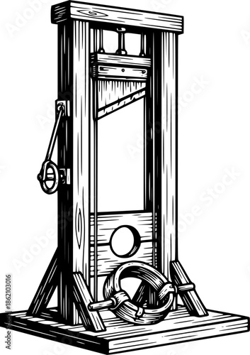 Vintage Guillotine Execution Device Black and White Outline Line Art Drawing Hand Drawn Etching
