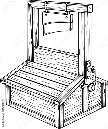 Vintage Guillotine Execution Device Black and White Outline Line Art Drawing Hand Drawn Etching
