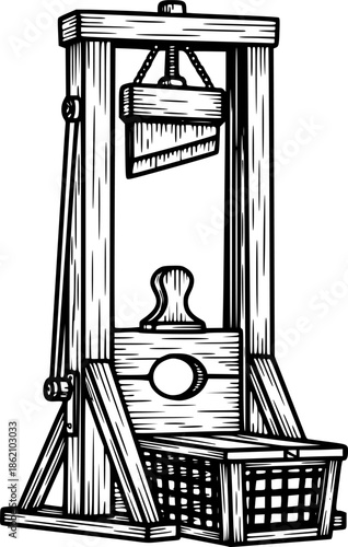Vintage Guillotine Execution Device Black and White Outline Line Art Drawing Hand Drawn Etching
