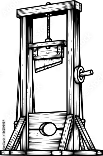 Vintage Guillotine Execution Device Black and White Outline Line Art Drawing Hand Drawn Etching
