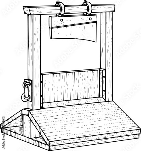 Vintage Guillotine Execution Device Black and White Outline Line Art Drawing Hand Drawn Etching
