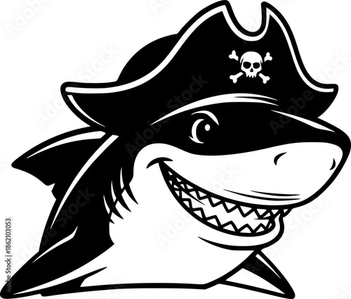 Cute Shark with Pirate Hat Grinning Portrait Black and White Outline Line Art Drawing Vintage Style
