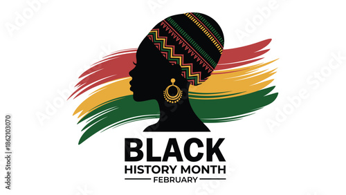 Black History Month illustration featuring African woman silhouette with traditional headwrap, cultural pride, heritage colors, empowerment and diversity celebration design