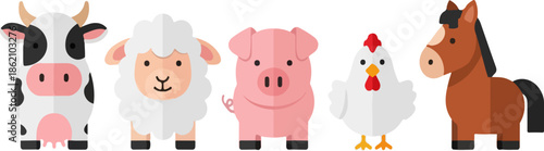 A cartoon animal set featuring cow sheep pig chicken and horse standing together in a row